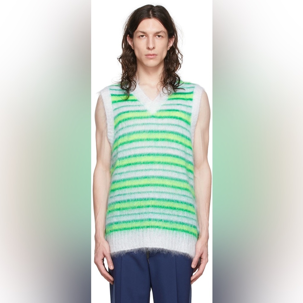 Marni SSENSE Exclusive White & Green Striped Fuzzy-Wuzzy Mohair Vest